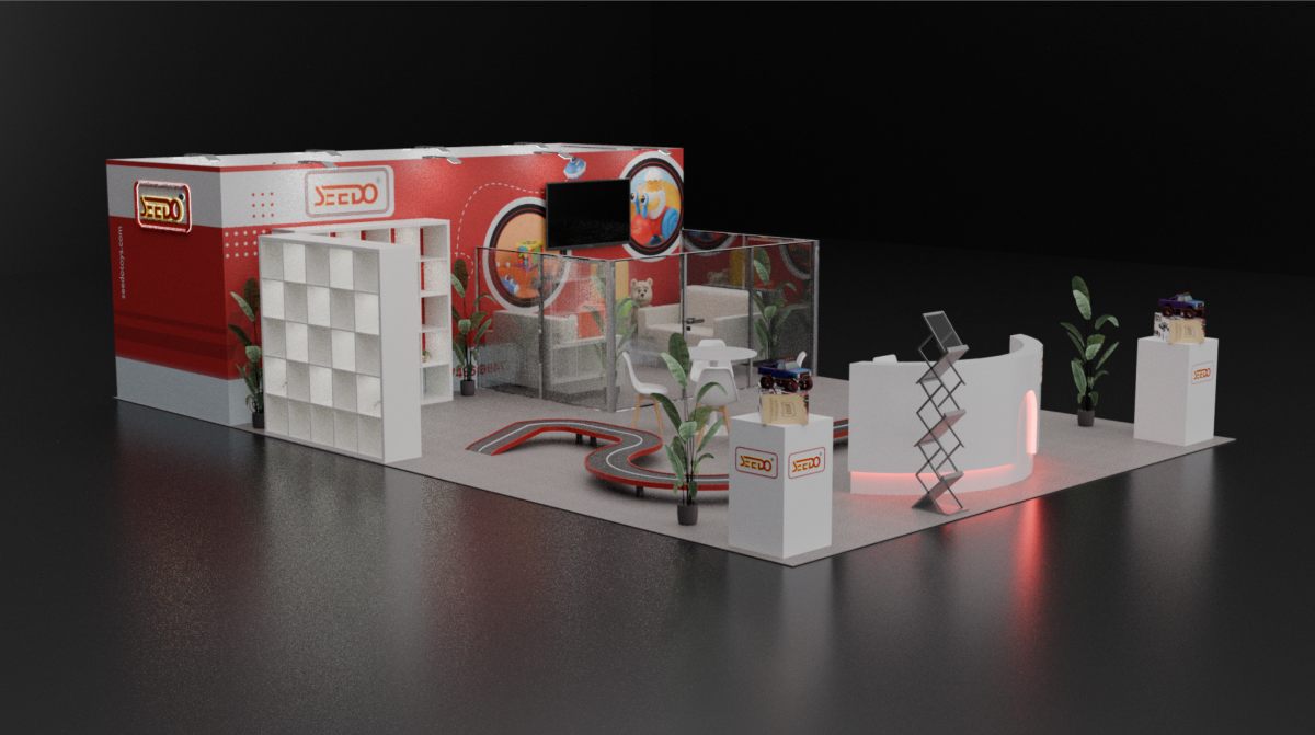 Design render of a 20×30 corner trade show booth: corner booth with glass lounge and curved reception counter