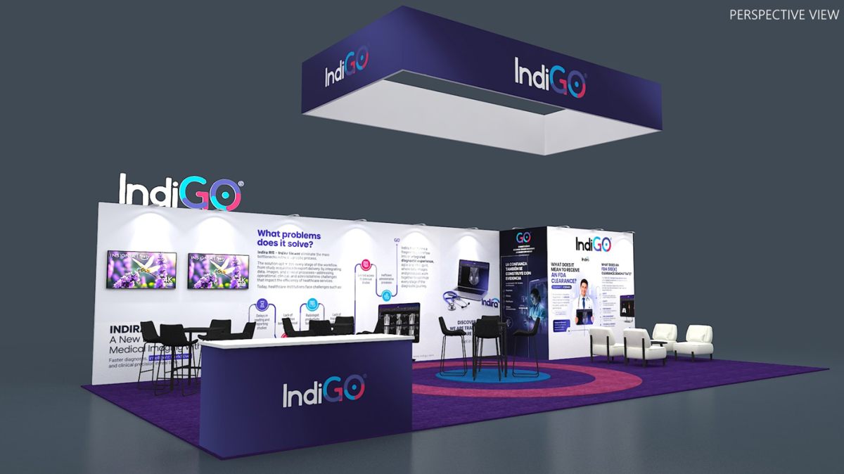 Design render of a 20×30 corner trade show booth: corner booth with large rectangular sign and lounge area