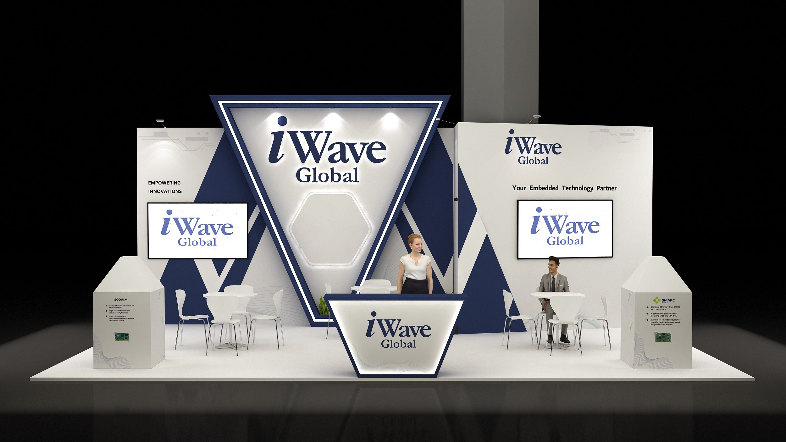 Design render of a 20×30 corner trade show booth: corner booth with v-shaped logo backdrop and backlit counter