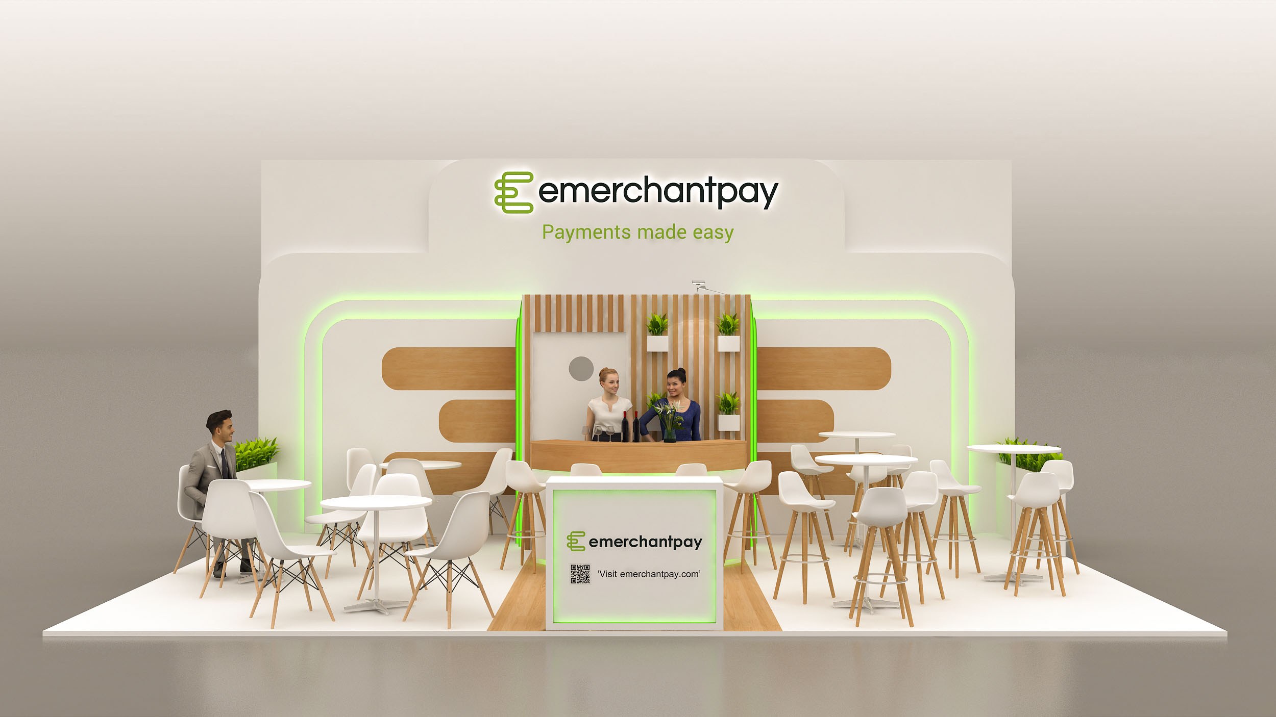 Design render of a 20×30 inline trade show booth: inline booth with curved wood bar and green glow back wall