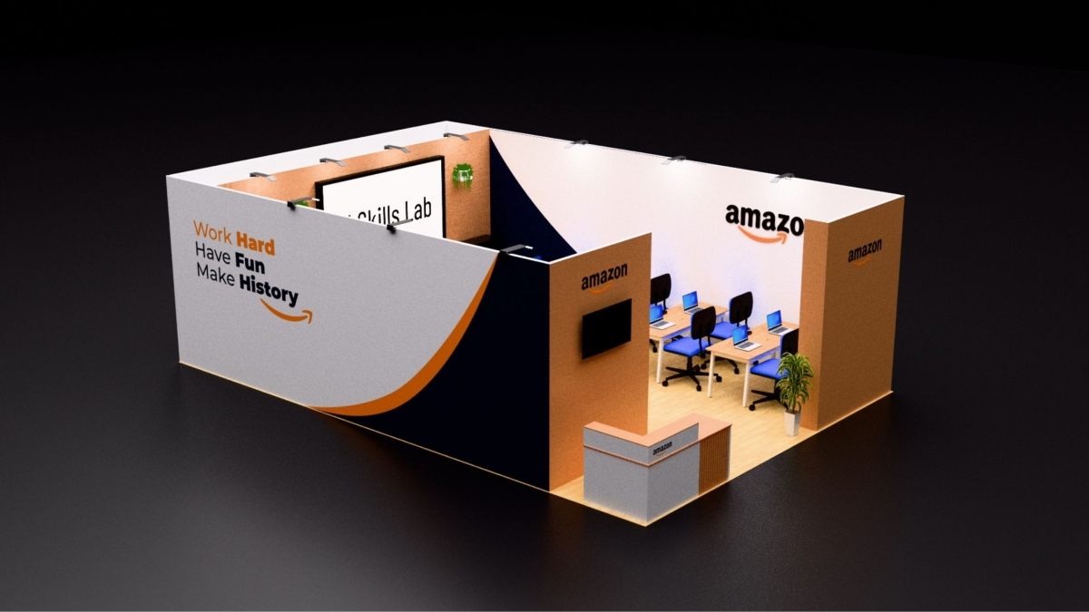 Design render of a 20×30 inline trade show booth: inline booth with enclosed training room and reception counter