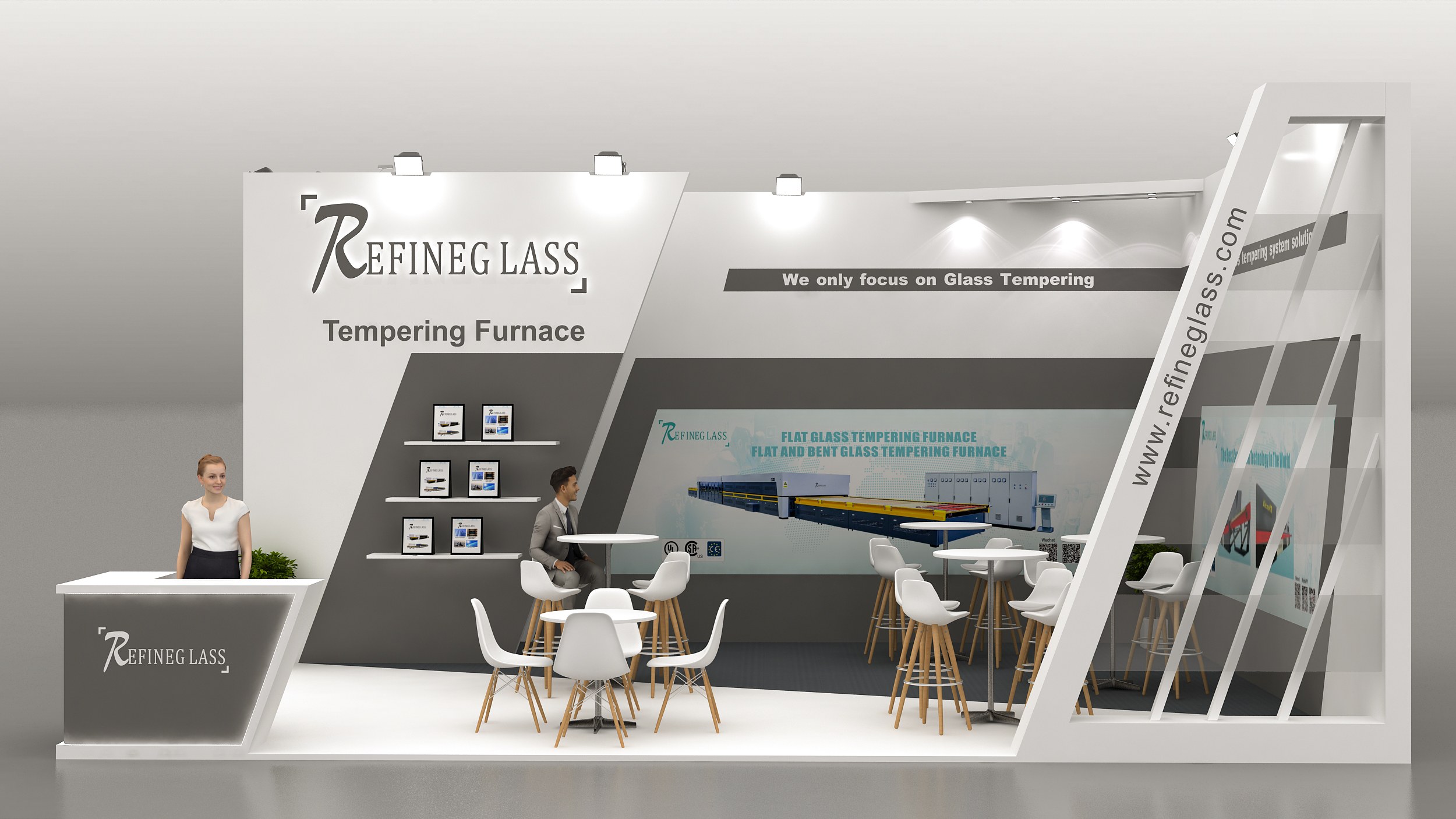 Design render of a 20×30 inline trade show booth: inline booth with slanted gray panels and angled reception counter