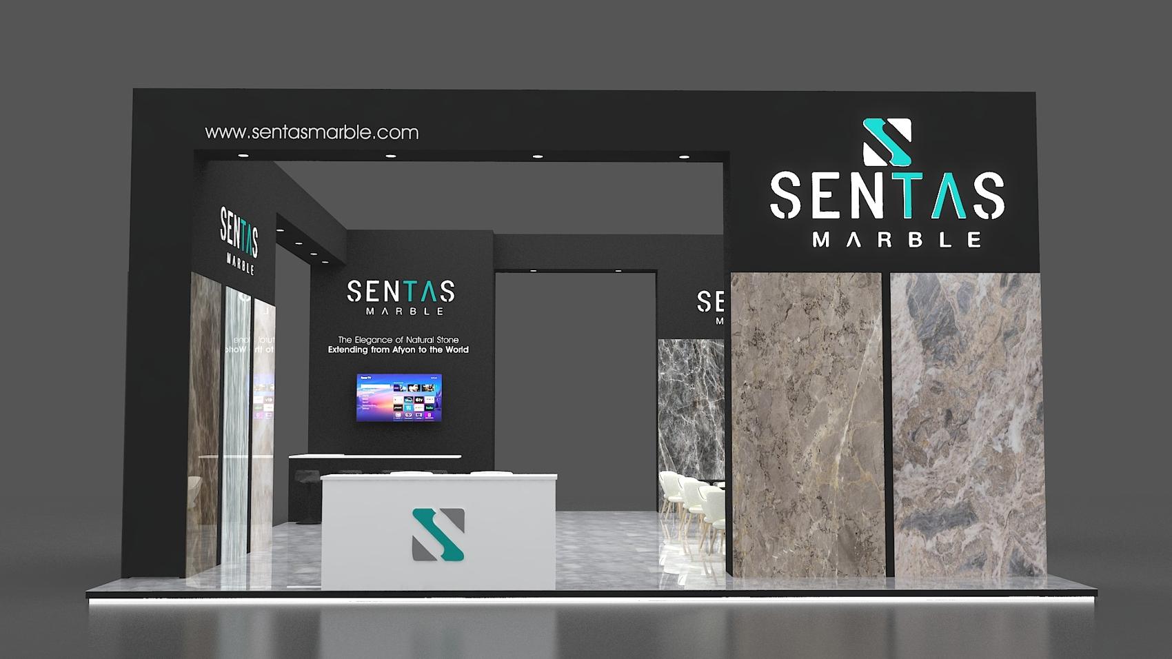 20×30 Island Booth Booth With Marble Slab Displays and Overhead Header