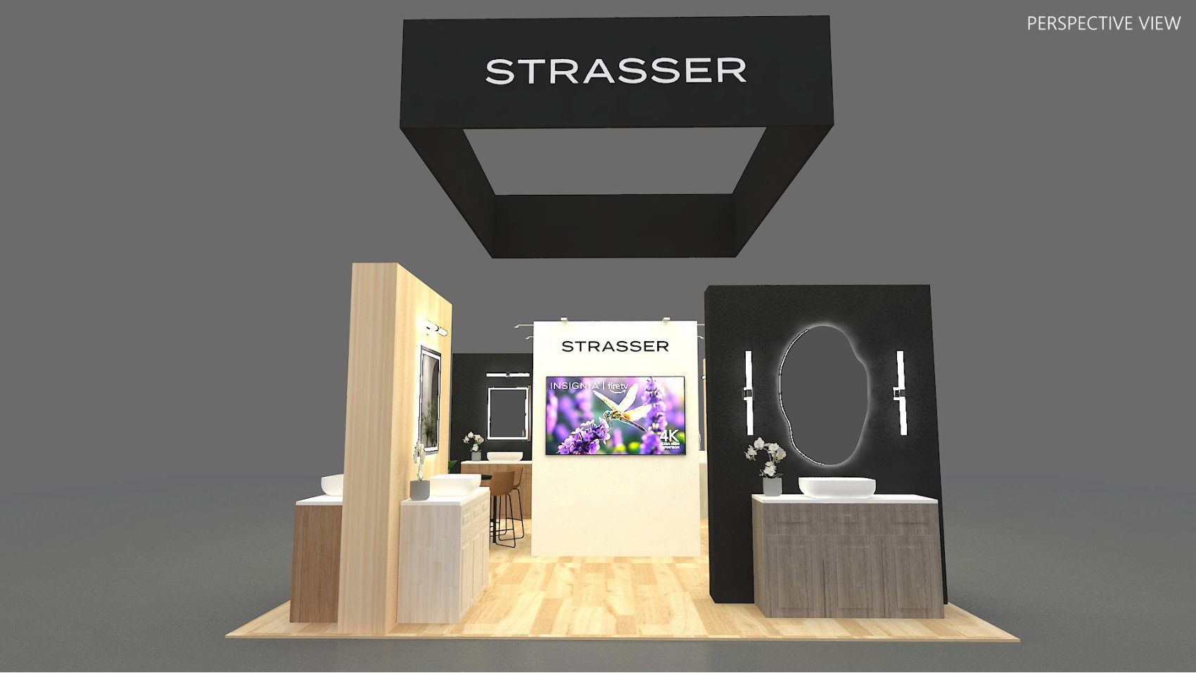 Design render of a 20×30 island trade show booth: island booth with black hanging frame and lit mirror vignettes