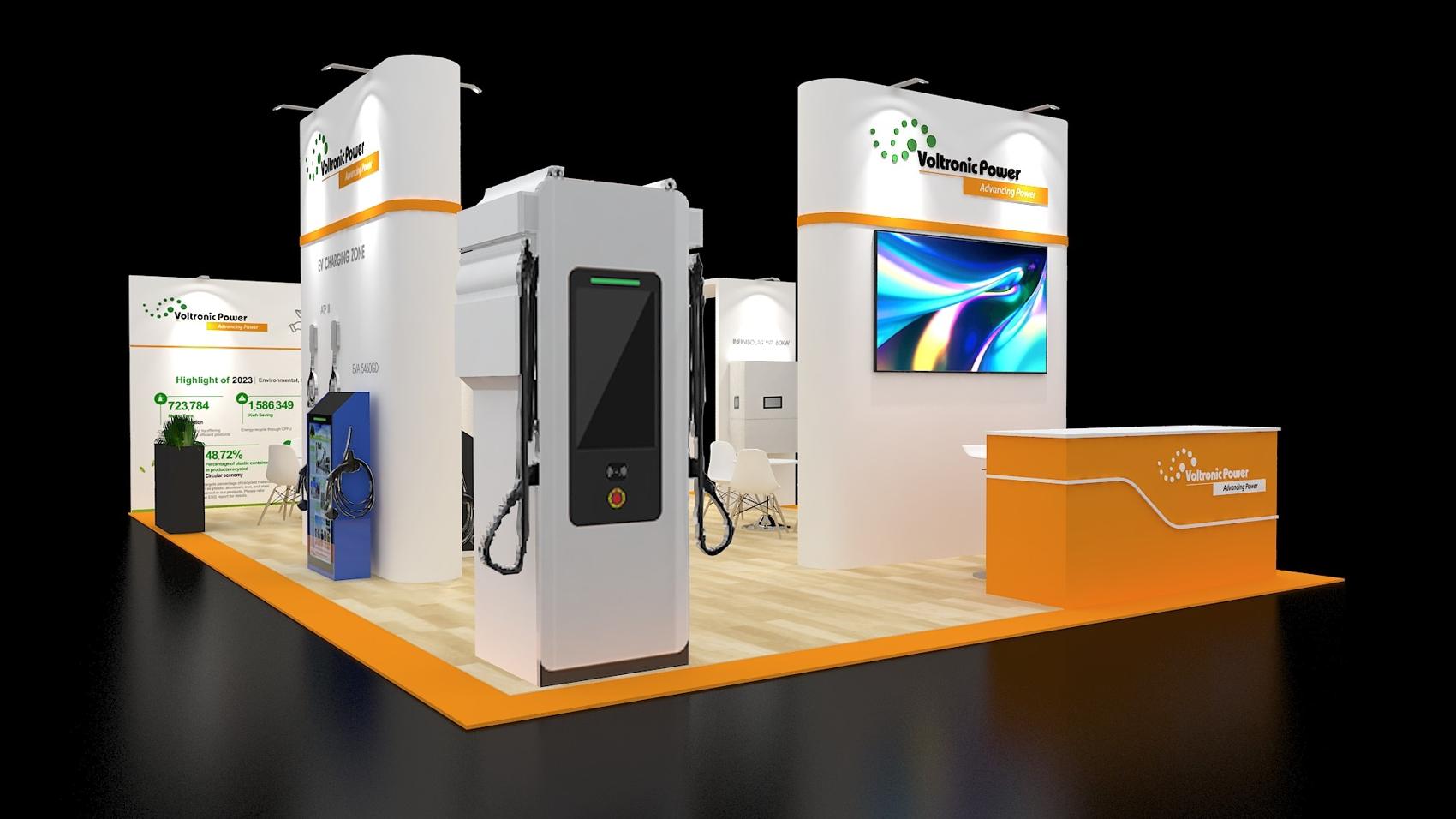 20×30 Island Booth With Curved Towers and Product Display
