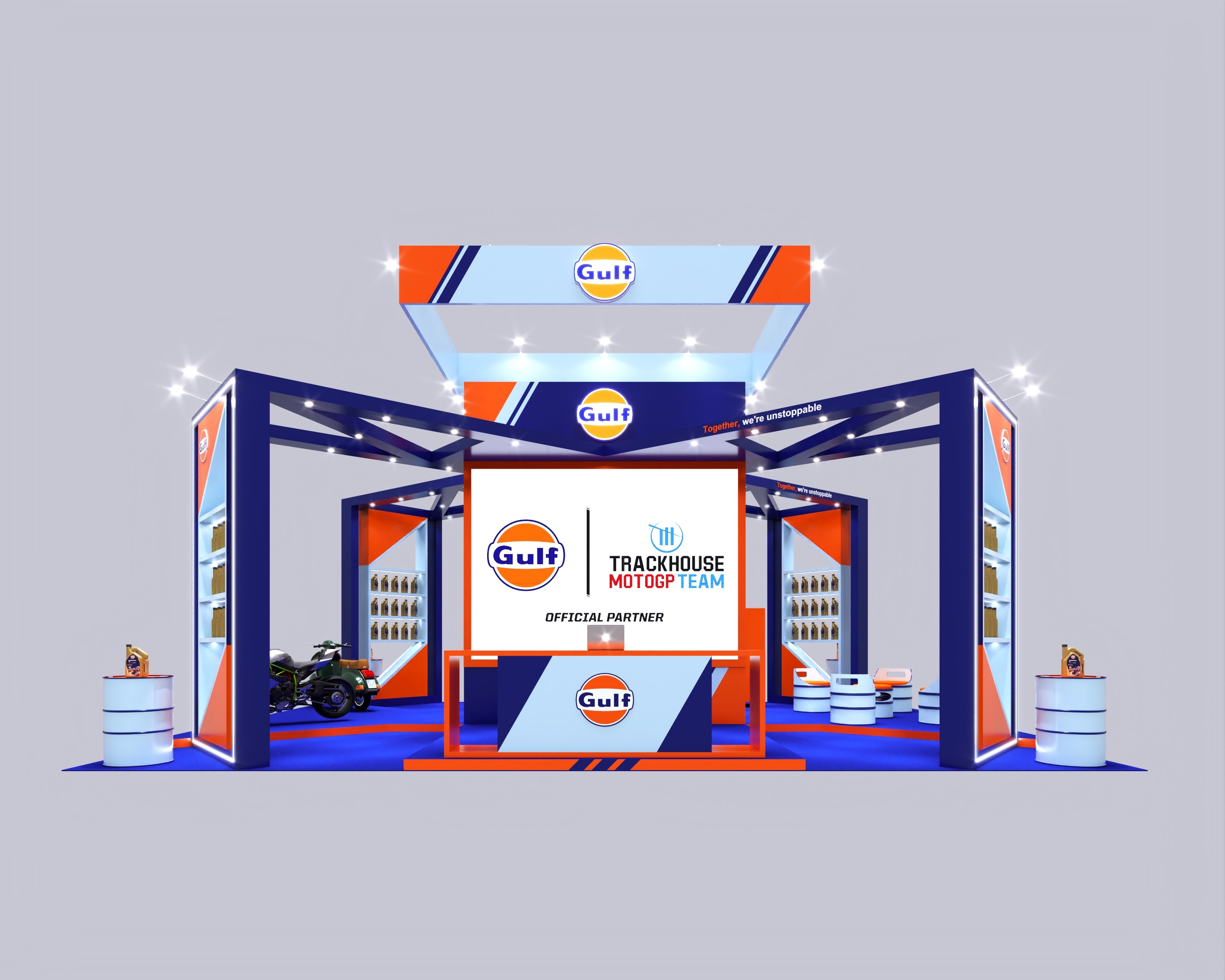 Design render of a 20×30 island trade show booth: island booth with four shelf towers and overhead hanging sign