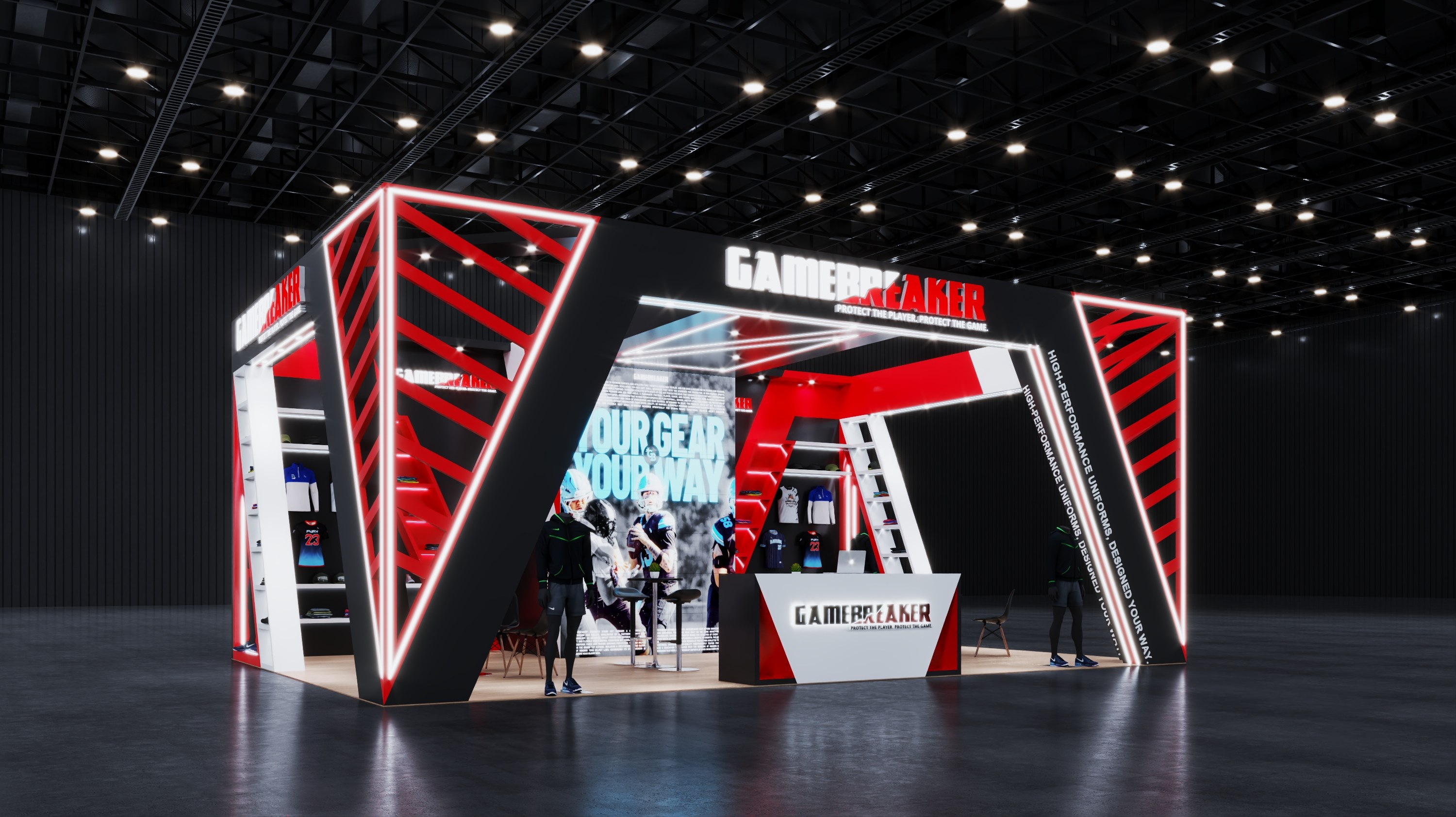 Design render of a 20×30 island trade show booth: island booth with four truss towers and tall led wall
