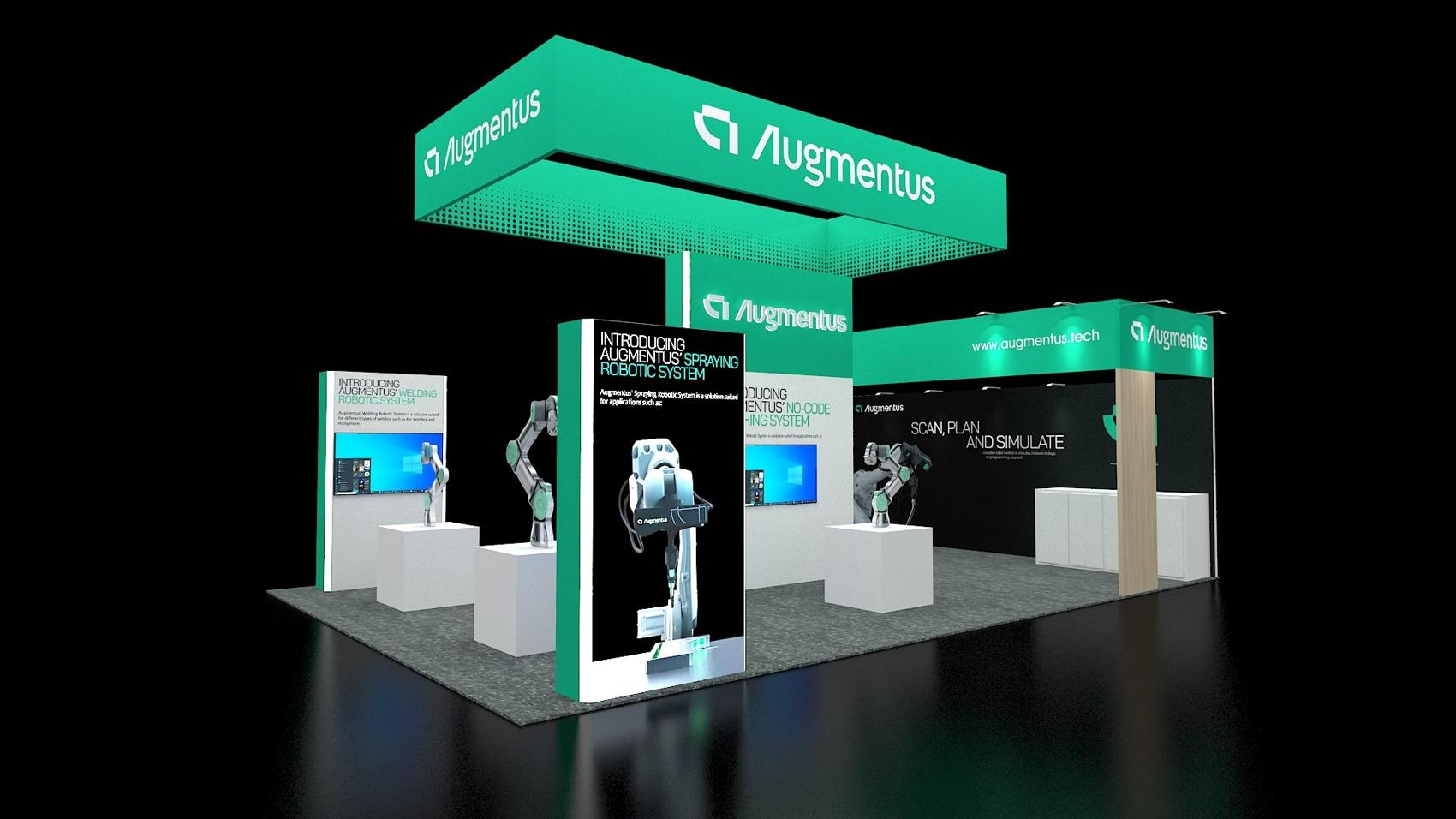 20×30 Island Booth With Hanging Sign and Product Plinths