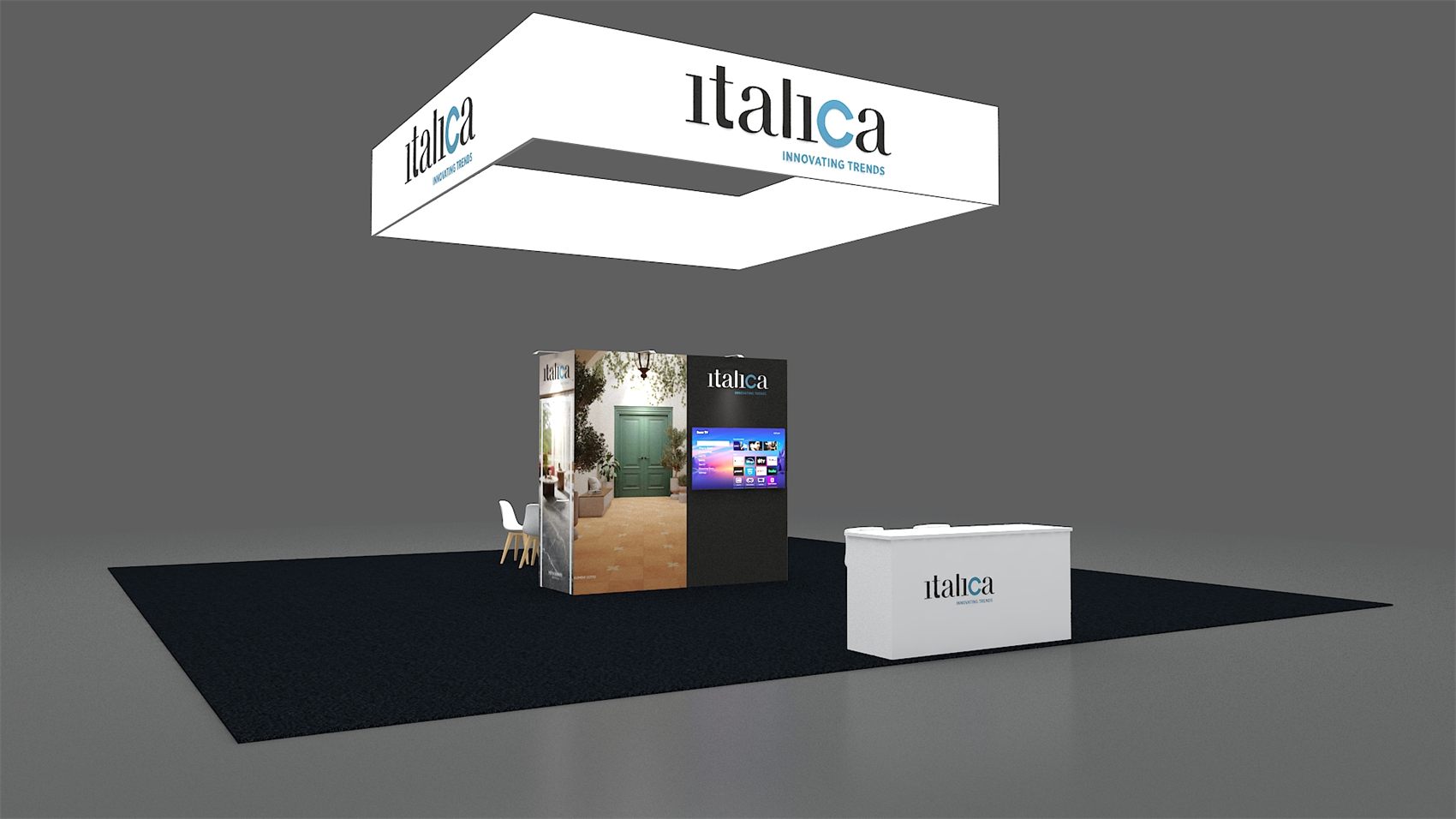 20×30 Island Booth With Large Square Hanging Sign and Graphic Cube