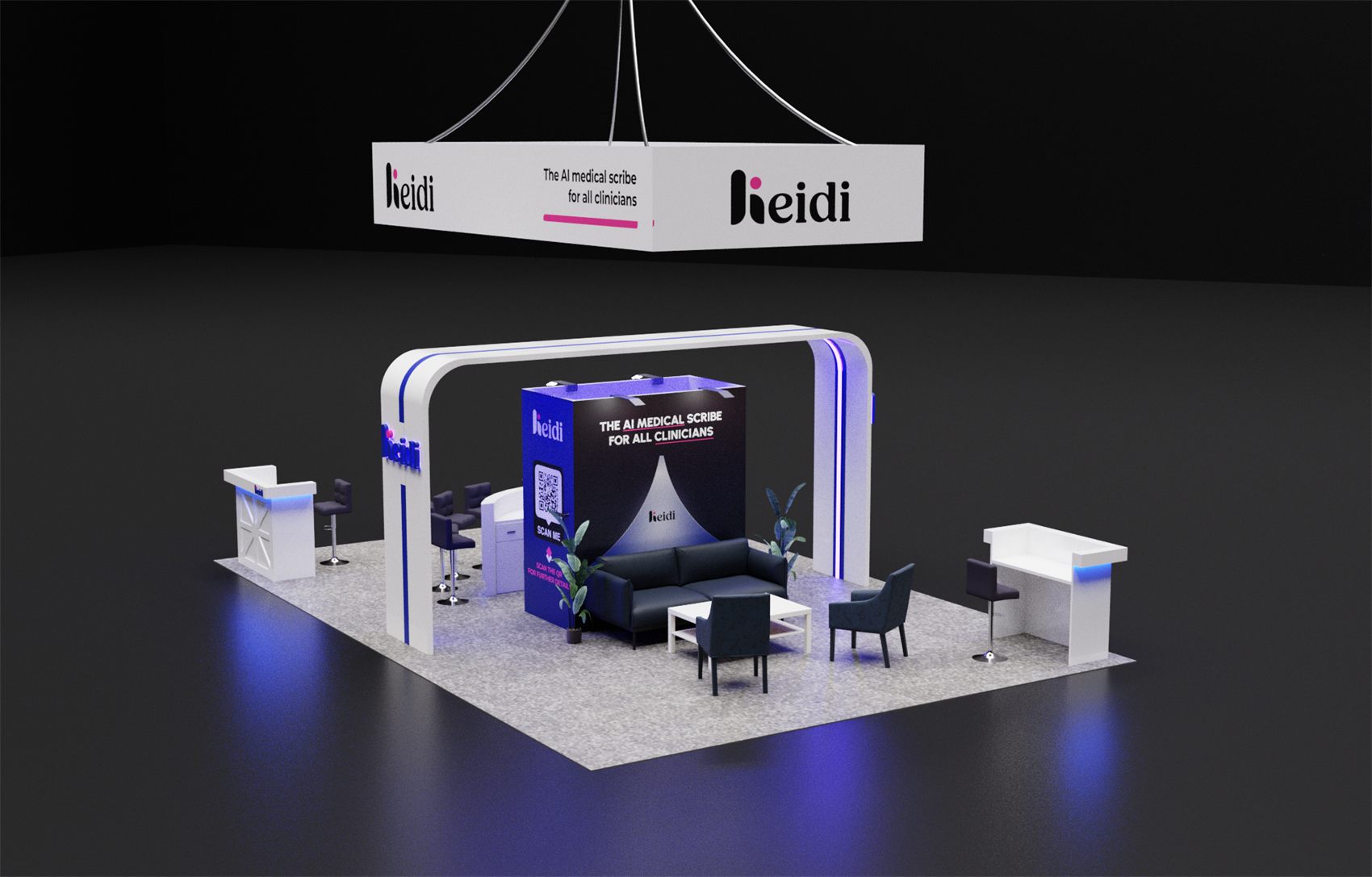 20×30 Island Booth With LED Arch and Square Hanging Sign