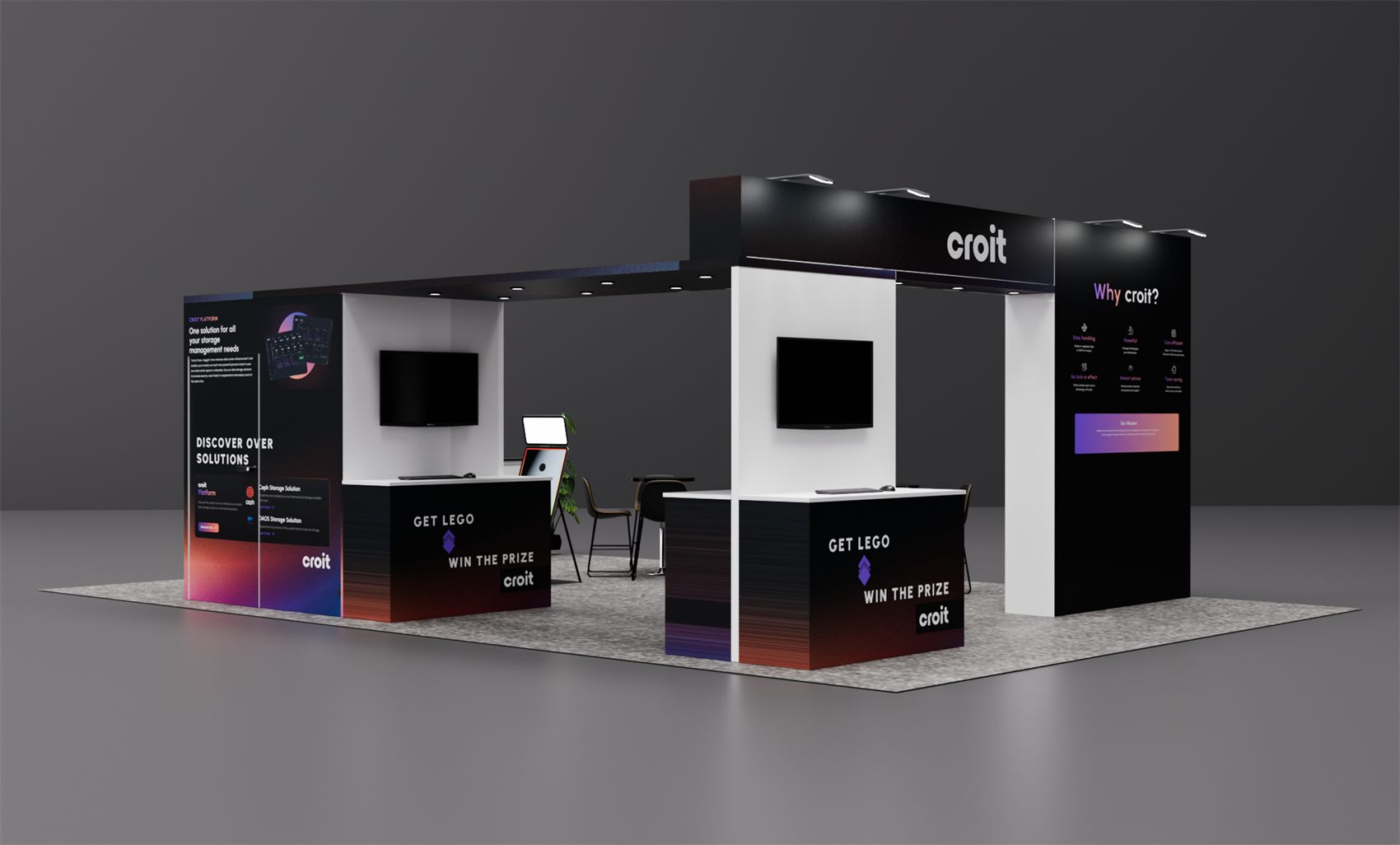 20×30 Island Booth With Overhead Header Canopy and Twin TV Counters