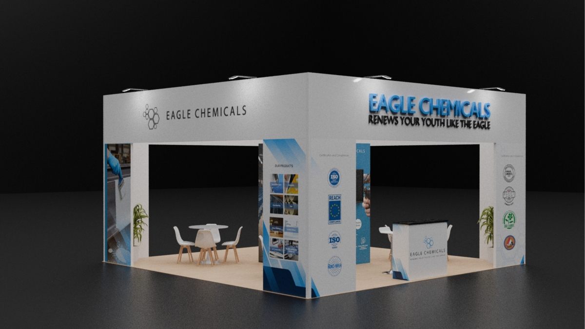 Design render of a 20×20 island trade show booth: island booth with overhead header frame and certification walls