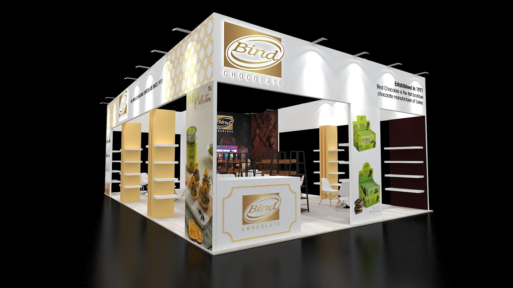 20×30 Island Booth With Product Shelving and Header Frame