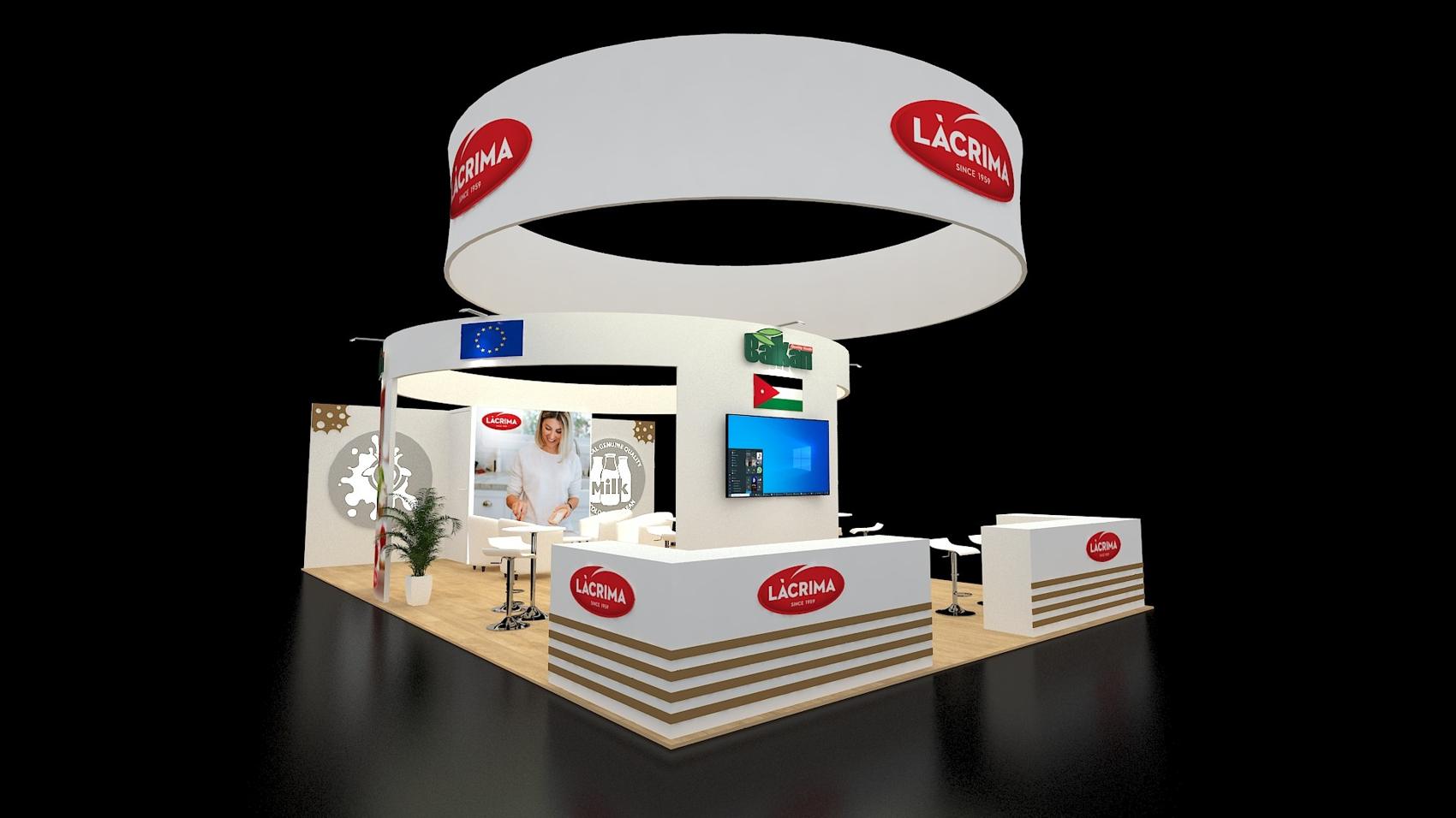 20×30 Island Booth With Round Hanging Sign and Lounge