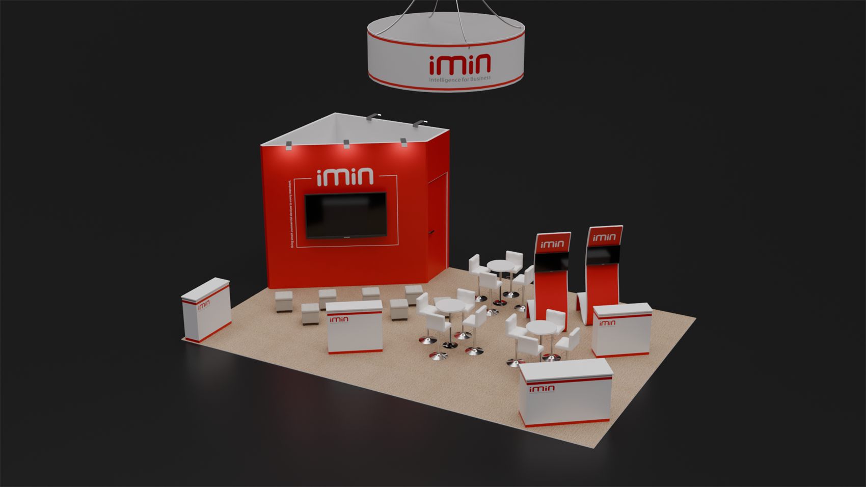 20×30 Island Booth With Round Hanging Sign and Twin Screen Kiosks