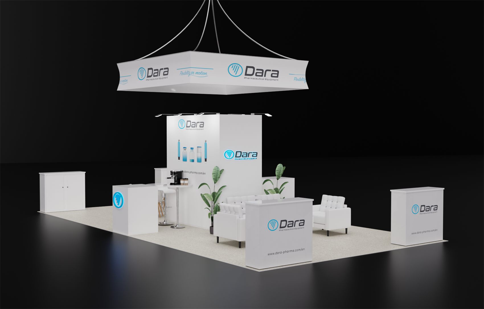 20×30 Island Booth With Square Hanging Sign and Central Tower Lounge