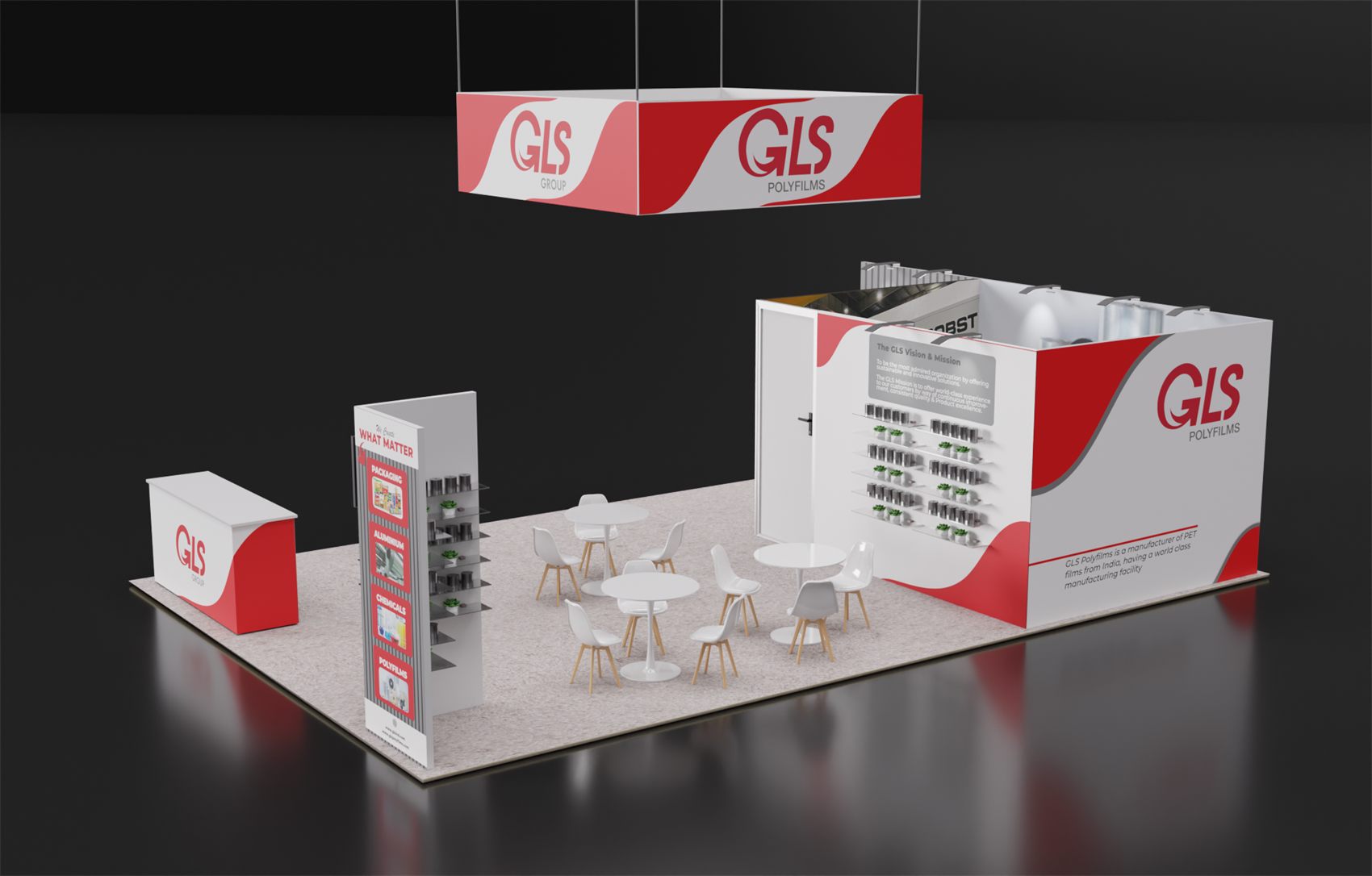 20×30 Island Booth With Square Hanging Sign and Enclosed Room