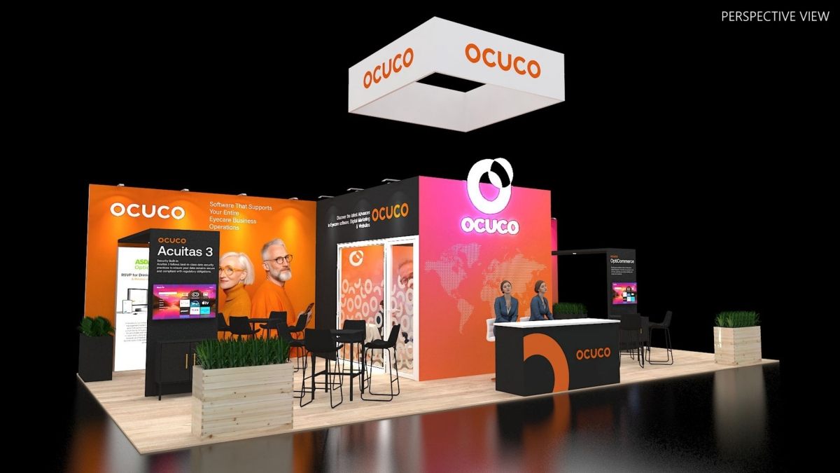 Design render of a 20×30 island trade show booth: island booth with square hanging sign and meeting room
