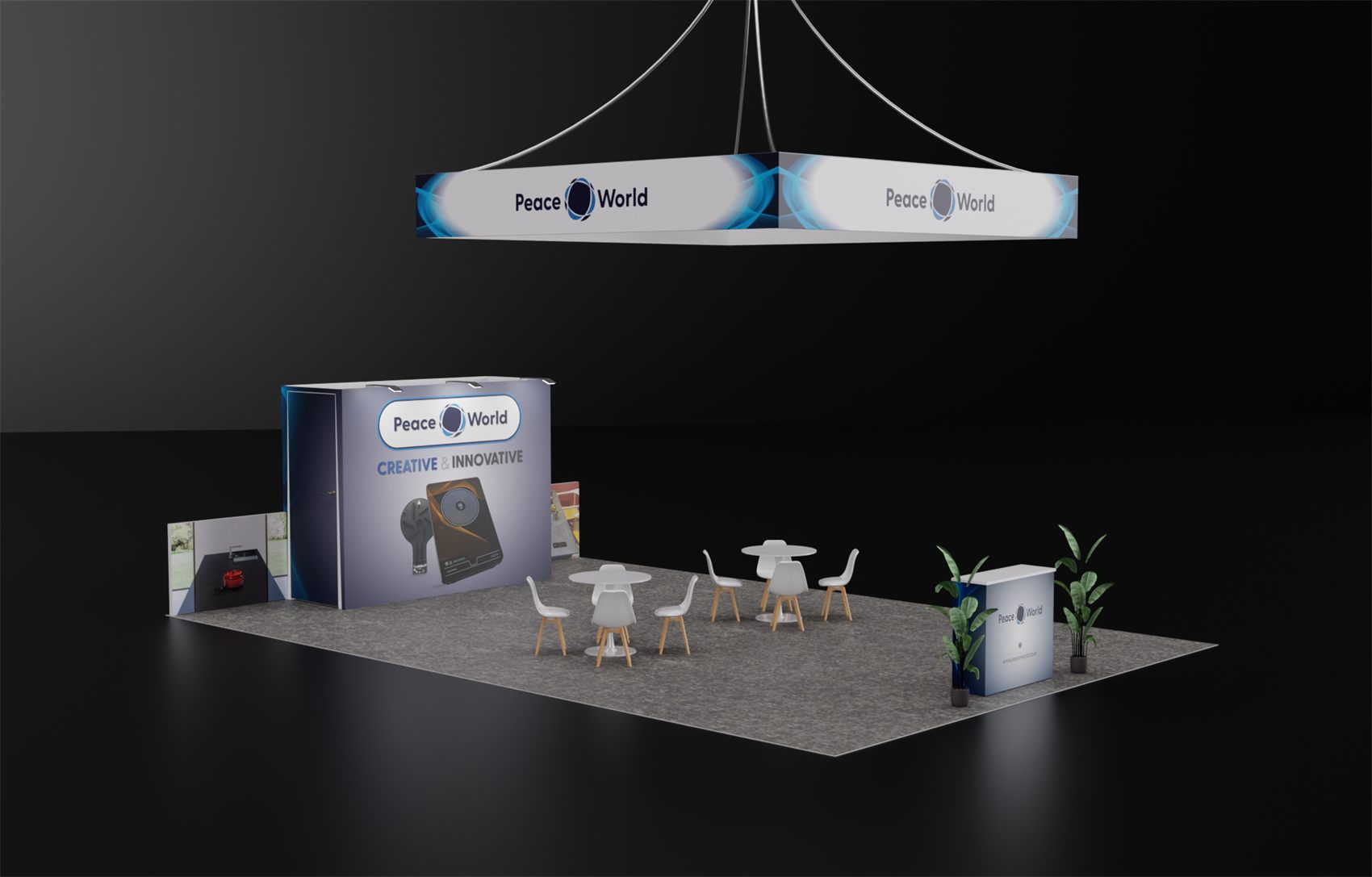 20×30 Island Booth With Square Hanging Sign and Storage Room