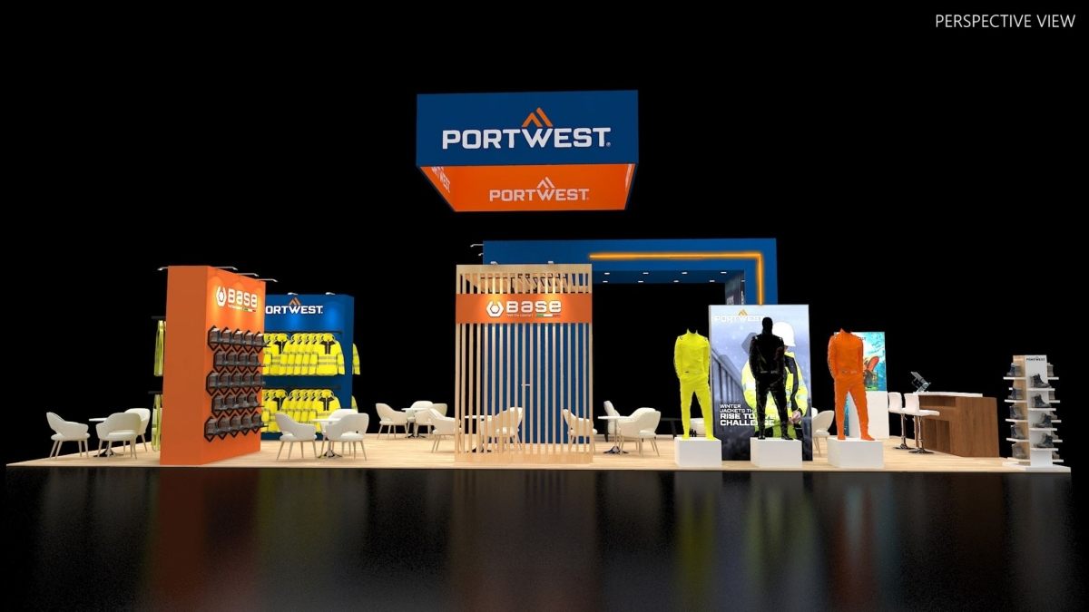 Design render of a 20×50 island trade show booth: island booth with square hanging sign and wooden slat meeting cubes