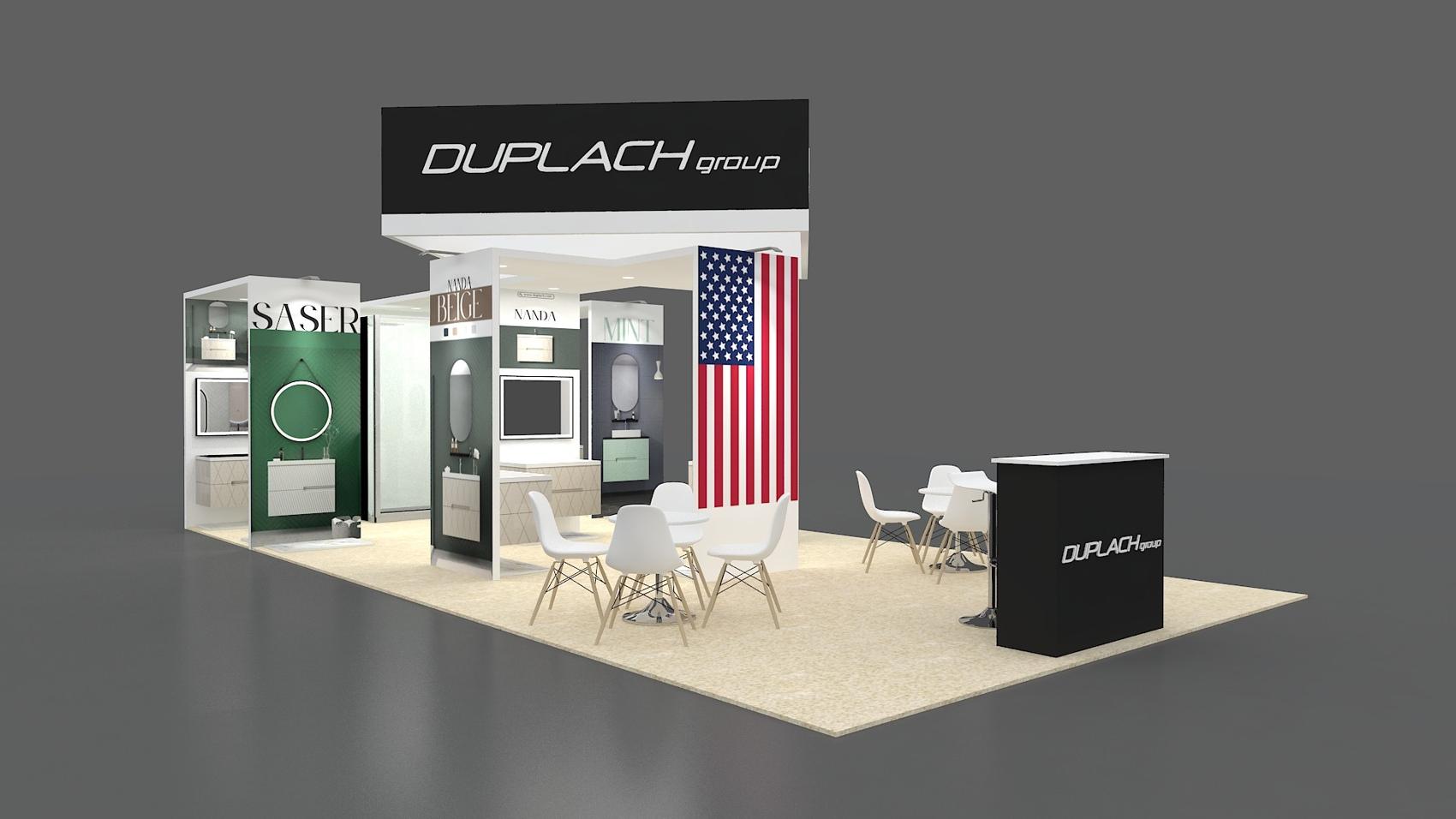 20×30 Peninsula Booth Booth With Vanity Showroom Bays and Header Sign