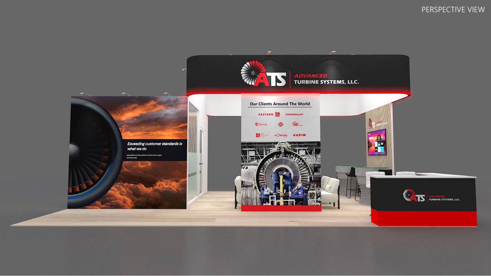 Design render of a 20×30 peninsula trade show booth: peninsula booth with black header canopy and meeting room