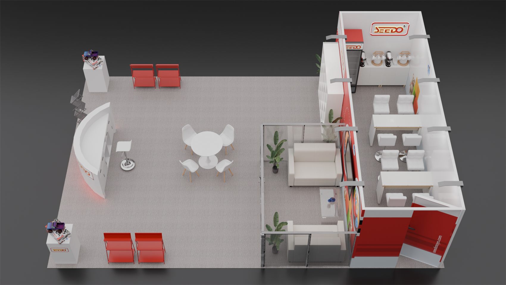 20×30 Peninsula Booth With Glass Lounge and Private Meeting Room