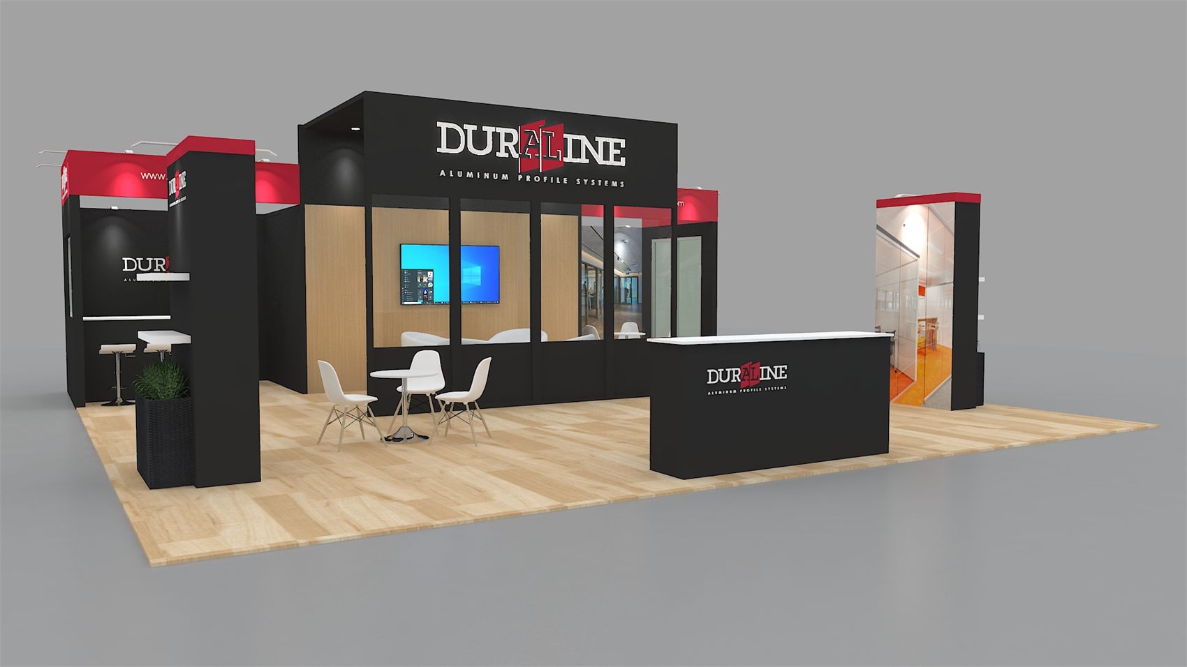 Design render of a 20×30 peninsula trade show booth: peninsula booth with glass meeting room and wood panel walls