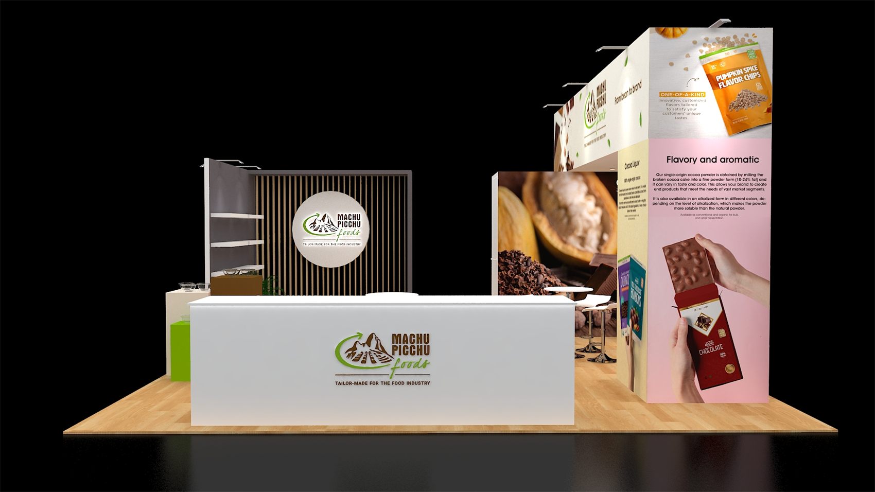 20×30 Peninsula Booth With Graphic Tower Header and Slatted Logo Wall