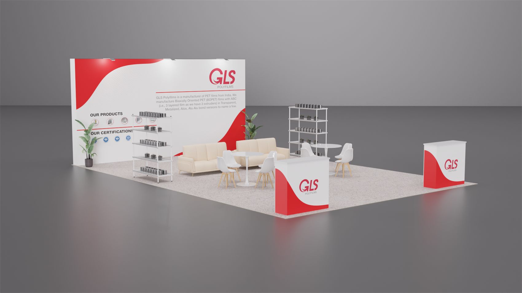 20×30 Peninsula Booth With Lounge Sofas and Open Product Shelving