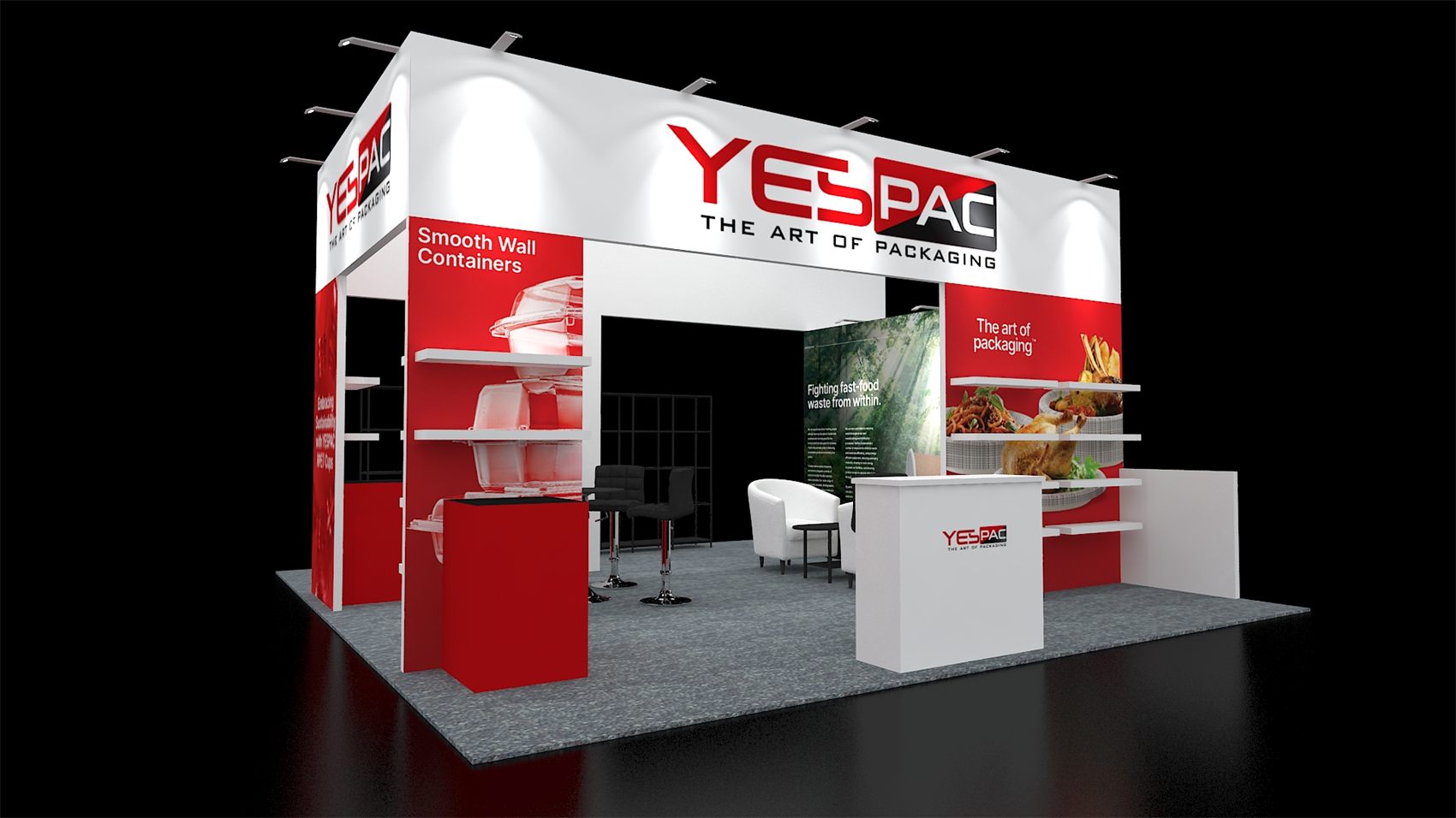 20×30 Peninsula Booth With Overhead Logo Header and Product Shelving Walls