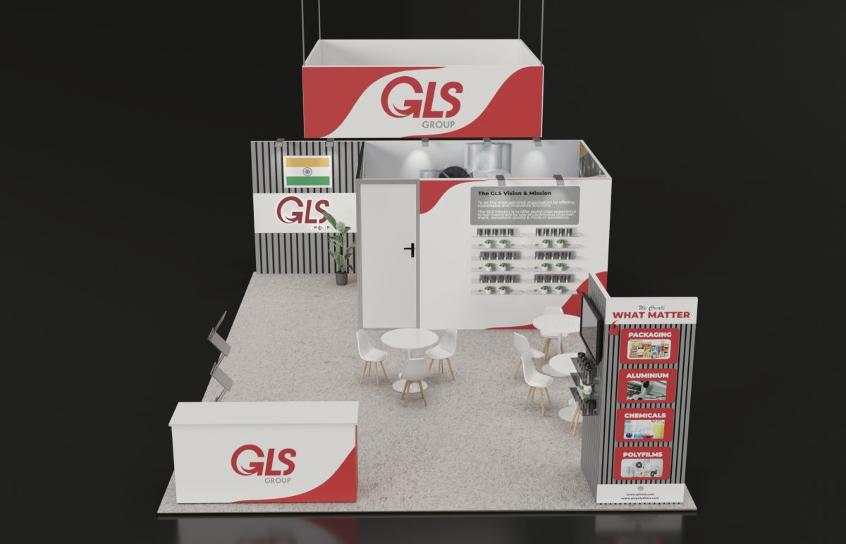 Design render of a 20×30 peninsula trade show booth: peninsula booth with rectangular hanging sign and enclosed room