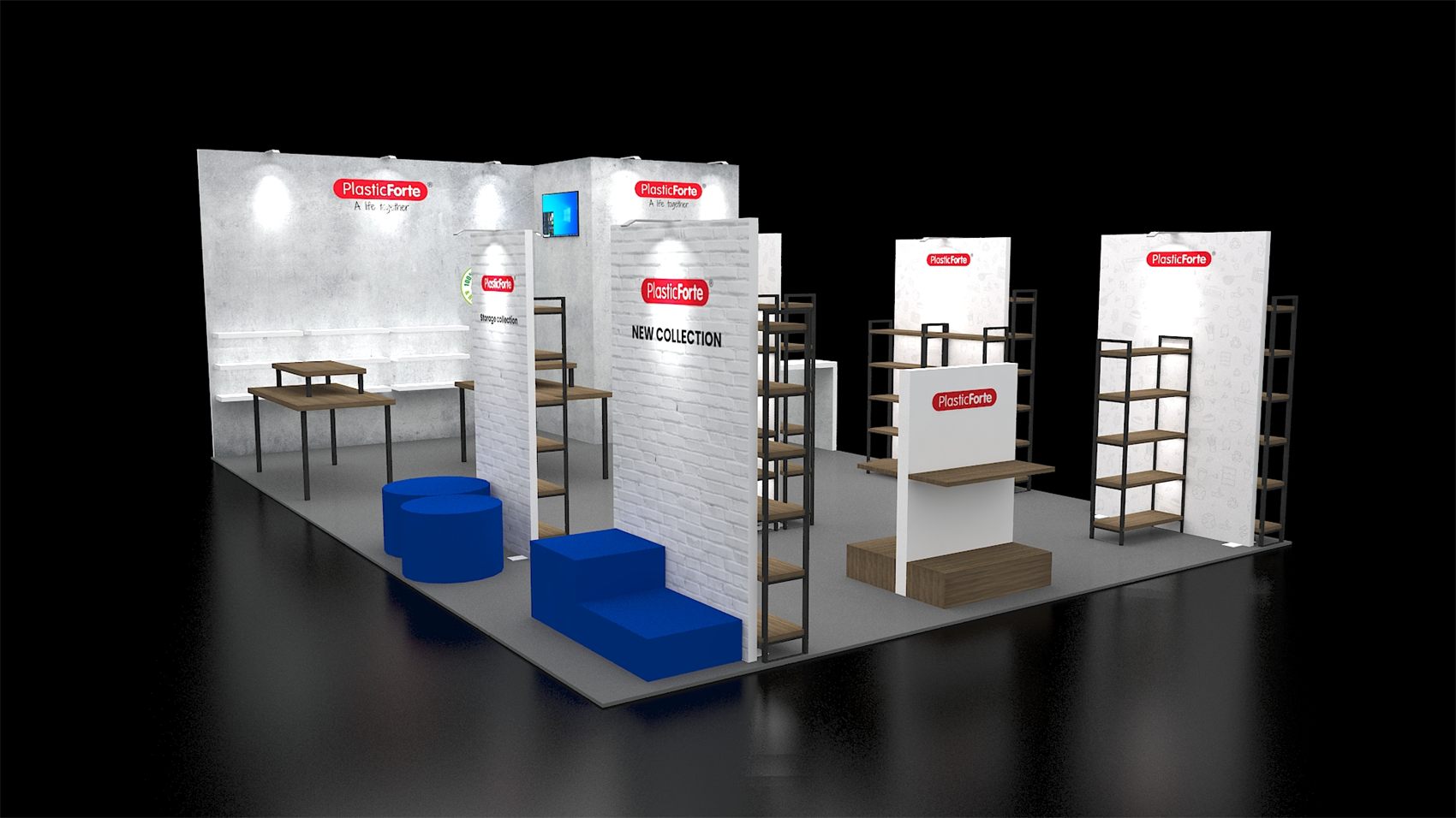 20×30 Peninsula Booth With Retail Shelving Units and Brick-Look Display Walls