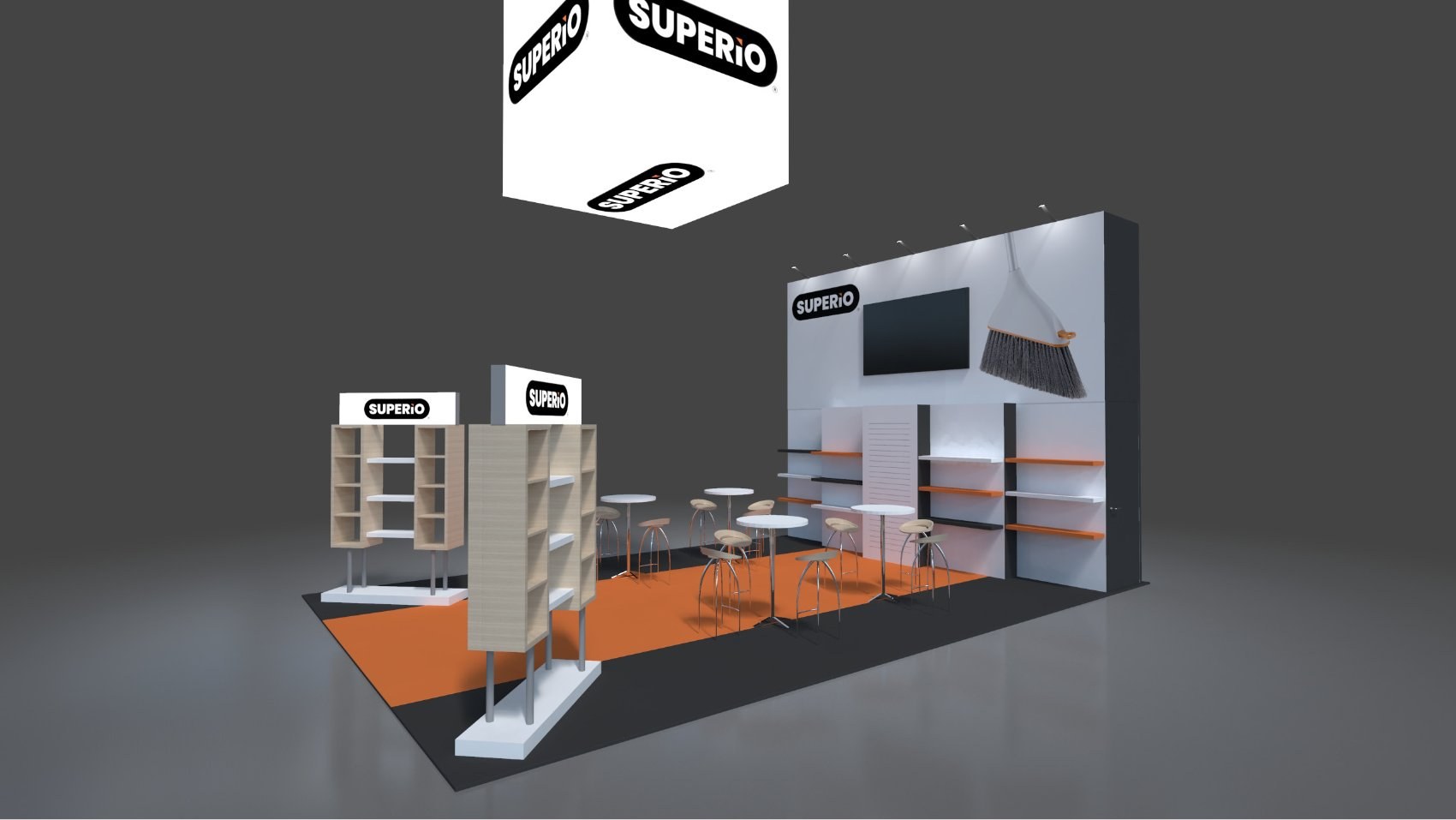 Design render of a 20×30 peninsula trade show booth: peninsula booth with square hanging sign and freestanding shelf displays