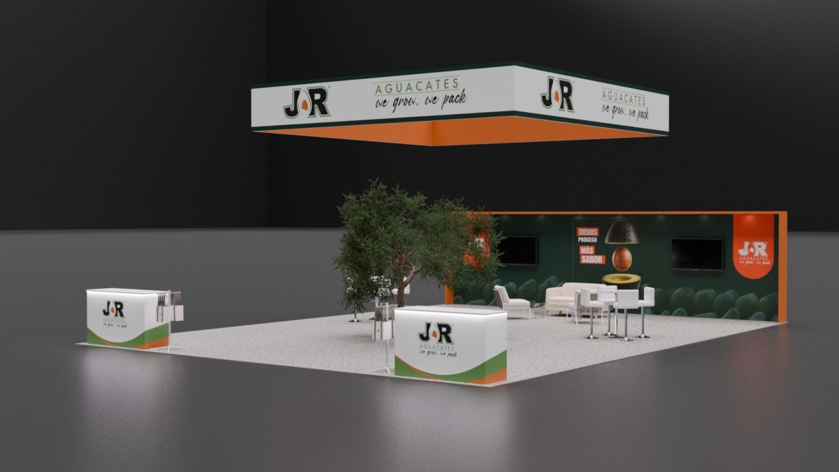 Design render of a 20×30 peninsula trade show booth: peninsula booth with square hanging sign and tree lounge
