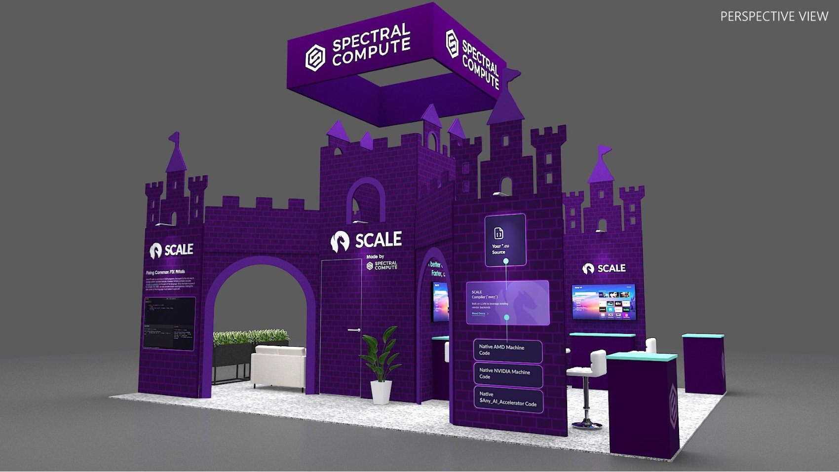 Design render of a 20×30 peninsula trade show booth: peninsula booth with themed tower walls and square hanging sign