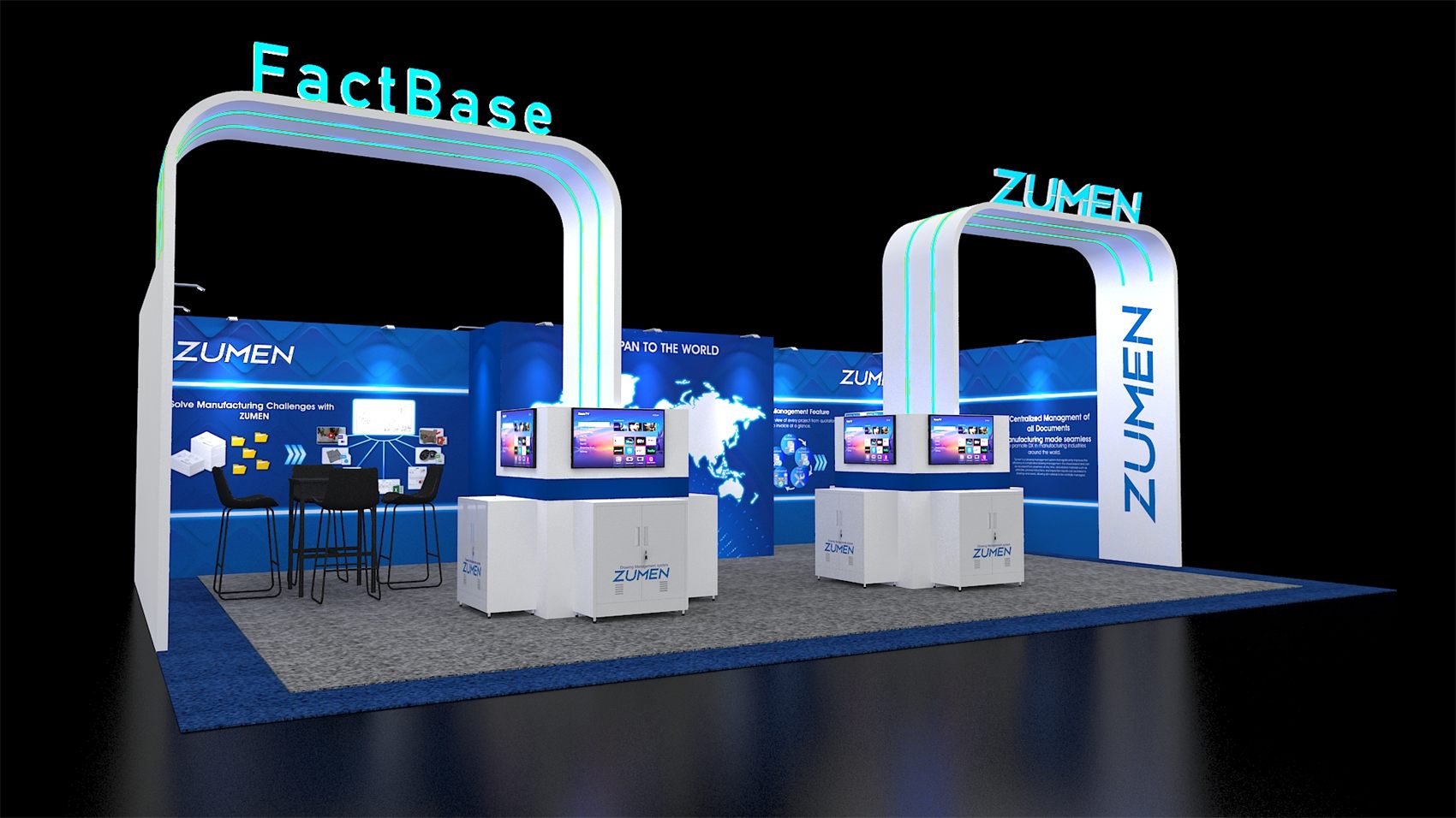 20×30 Peninsula Booth With Twin LED-Edge Arches and TV Demo Kiosks