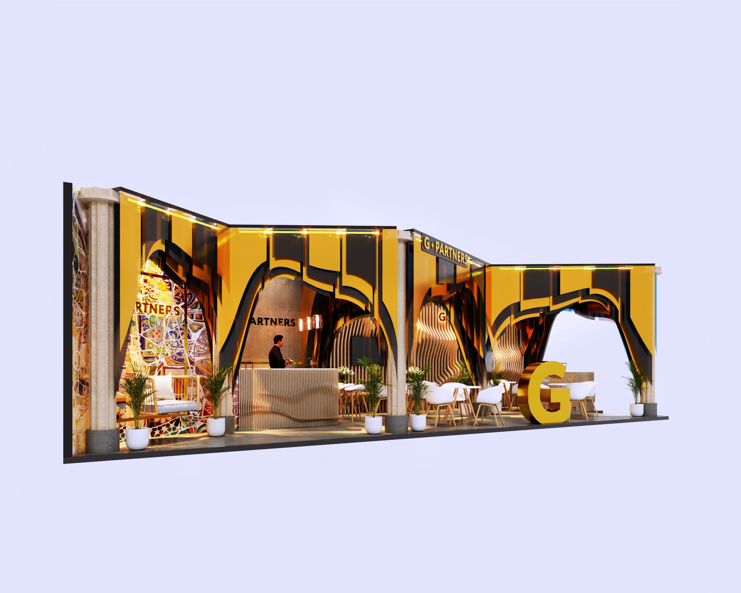 Design render of a 20×40 corner trade show booth: corner booth with sculpted wood lounge and mosaic bar