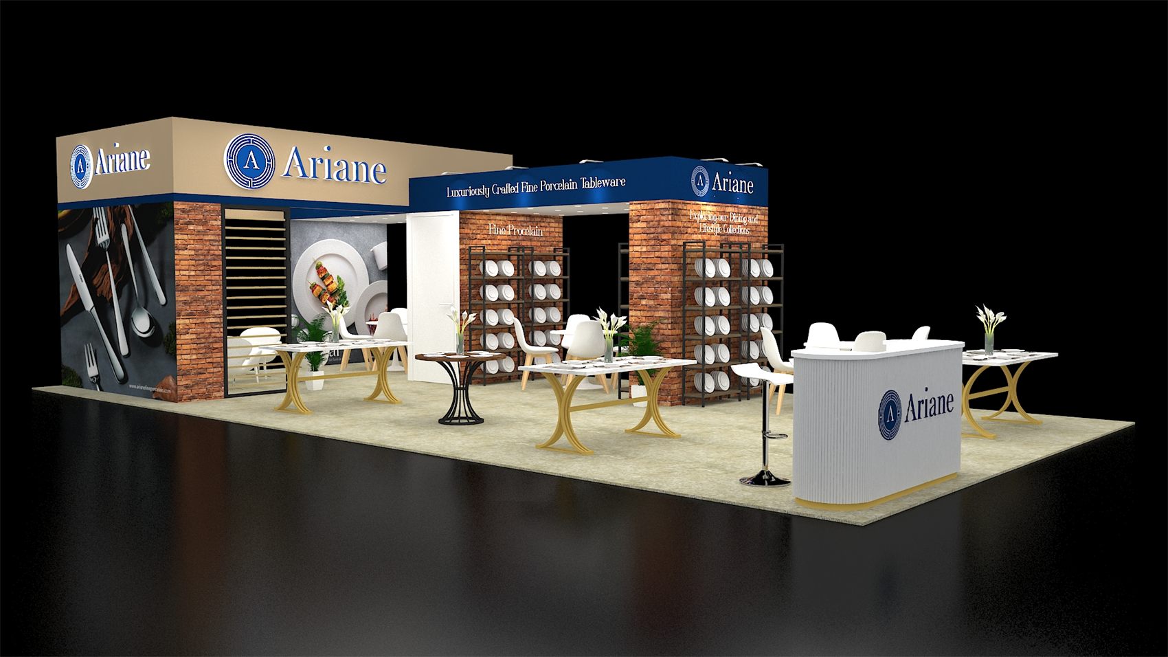 20×40 Island Booth With Brick-Look Room and Plate Display Shelving