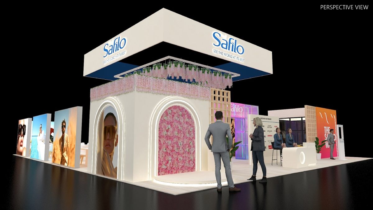 Design render of a 20×40 island trade show booth: island booth with floral arch building and large overhead sign