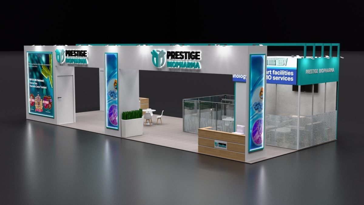 Design render of a 20×40 island trade show booth: island booth with glass meeting rooms and header beam