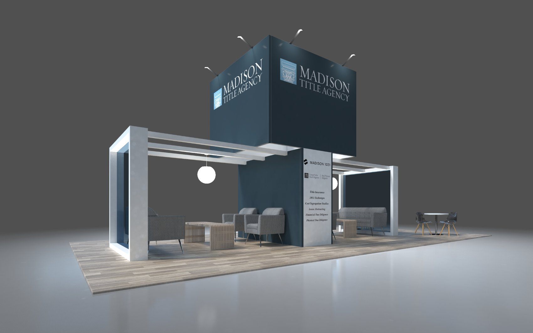 Design render of a 20×40 island trade show booth: island booth with pergola frames and tall center tower