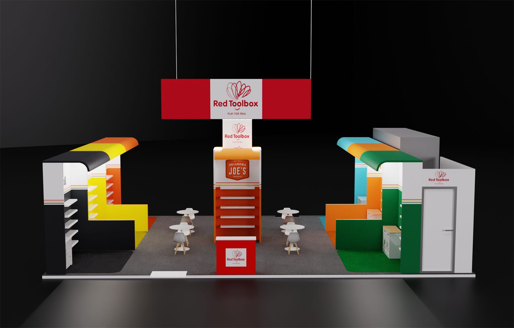 20×40 Island Booth With Rectangular Hanging Sign and Color-Block Shelf Alcoves