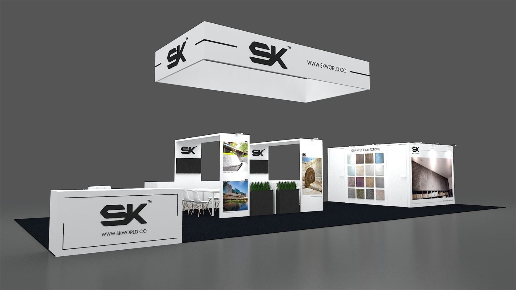 20×40 Island Booth With Rectangular Hanging Sign and Stone Sample Wall