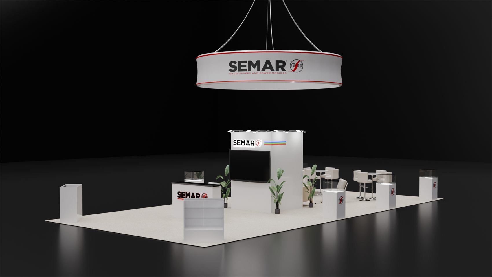20×40 Island Booth With Round Hanging Sign and Central Storage Tower