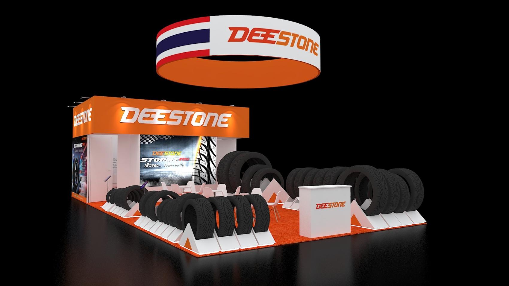 20×40 Island Booth With Round Hanging Sign and Video Wall