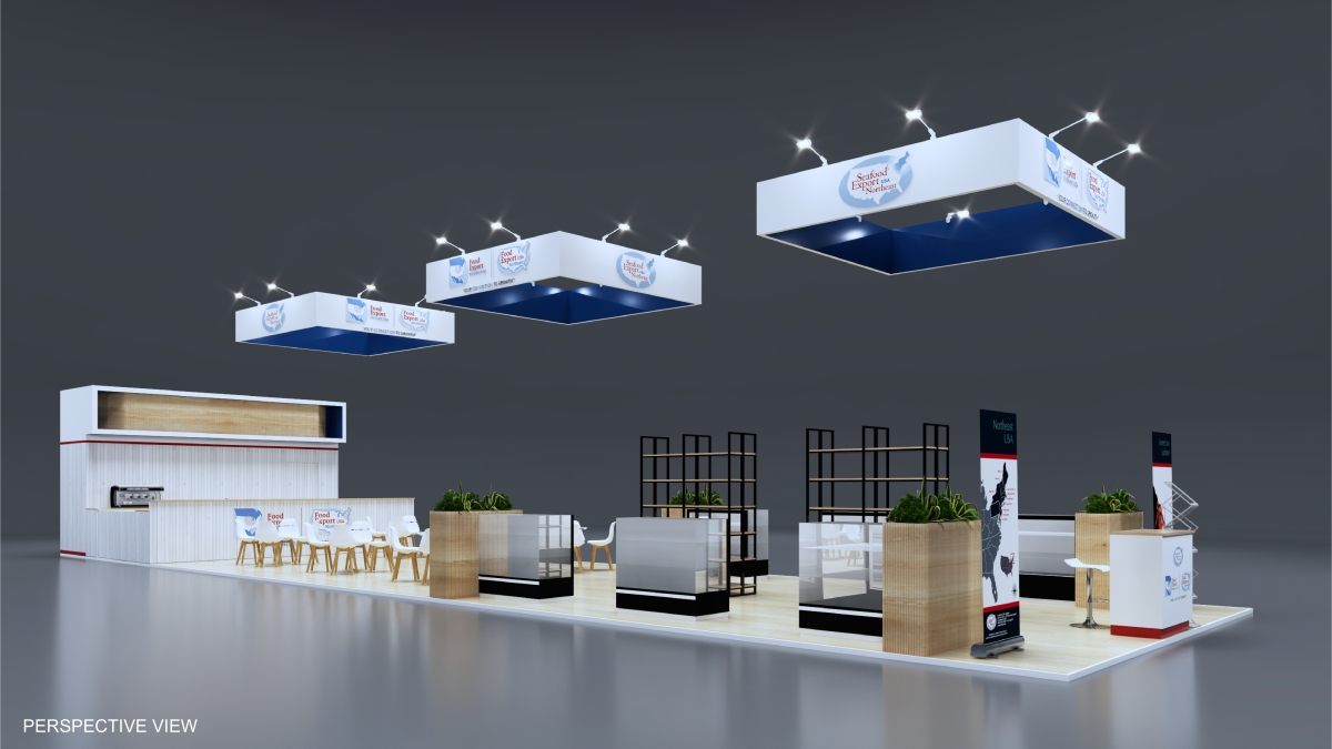 Design render of a 20×40 island trade show booth: island booth with three hanging signs and coffee bar wall