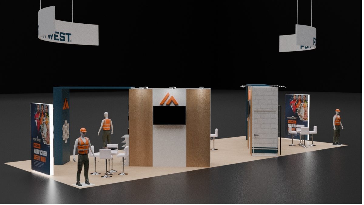 Design render of a 20×40 island trade show booth: island booth with two curved hanging signs and feature wall