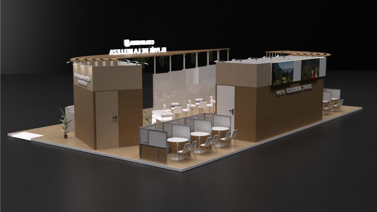 Design render of a 20×40 island trade show booth: island booth with wood-clad rooms and curved pergola
