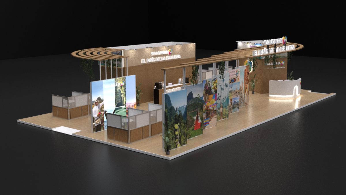Design render of a 20×40 island trade show booth: island booth with wood pergola and four glass meeting pods